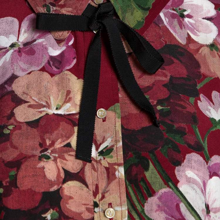 Pre Owned Gucci Maroon Silk Floral Printed Cape Shirt M 