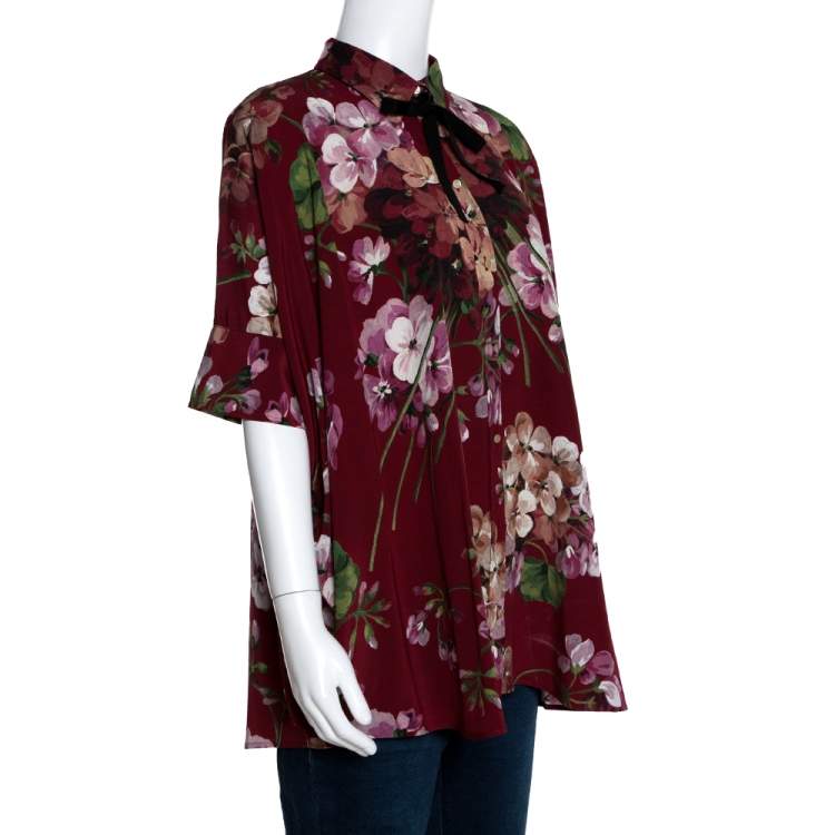 Pre Owned Gucci Maroon Silk Floral Printed Cape Shirt M 
