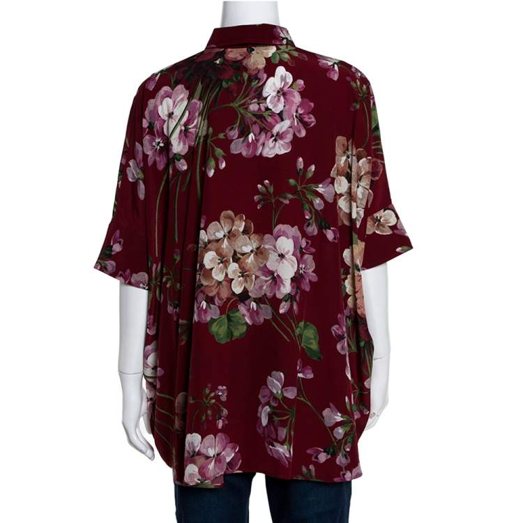 Pre Owned Gucci Maroon Silk Floral Printed Cape Shirt M 