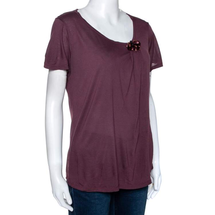 Pre Owned Gucci Burgundy Knit Embellished Brooch Detail Top M