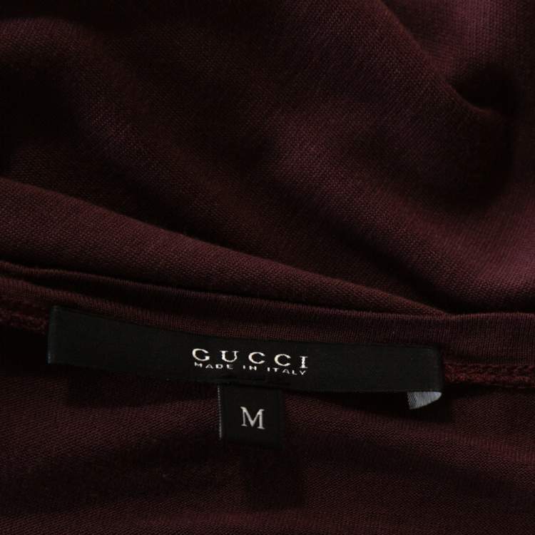 Pre Owned Gucci Burgundy Knit Embellished Brooch Detail Top M