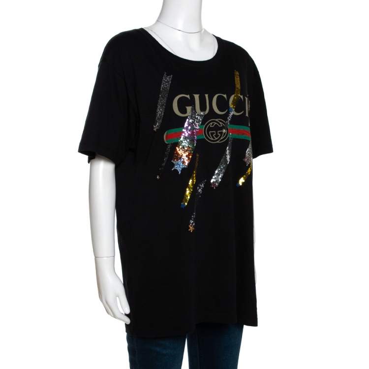 Louis Vuitton Black Cotton 'Paris' 14 Sequin Embellished T-shirt S