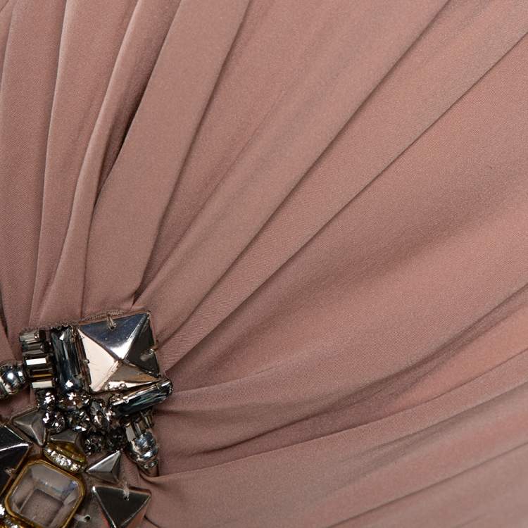 Pre Owned Gucci Pale Pink Silk Crepe Brooch Detail Draped Gown M