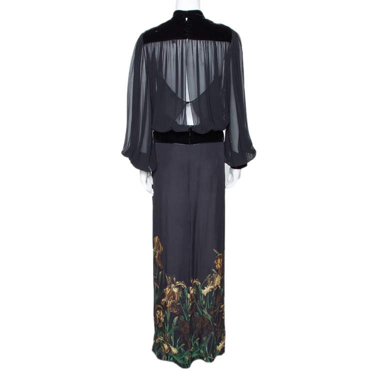 Pre Owned Gucci Black Iris Print Silk Velvet Trim Maxi Dress M