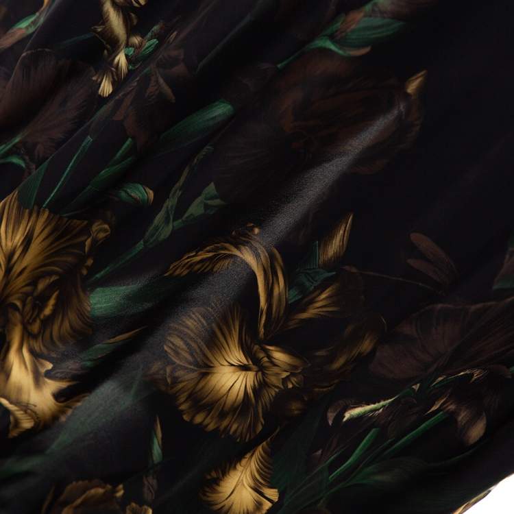 Pre Owned Gucci Black Iris Print Silk Velvet Trim Maxi Dress M