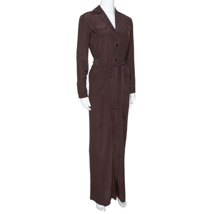 Pre Owned Gucci Brown Silk Crepe Button Down Belted Dress S