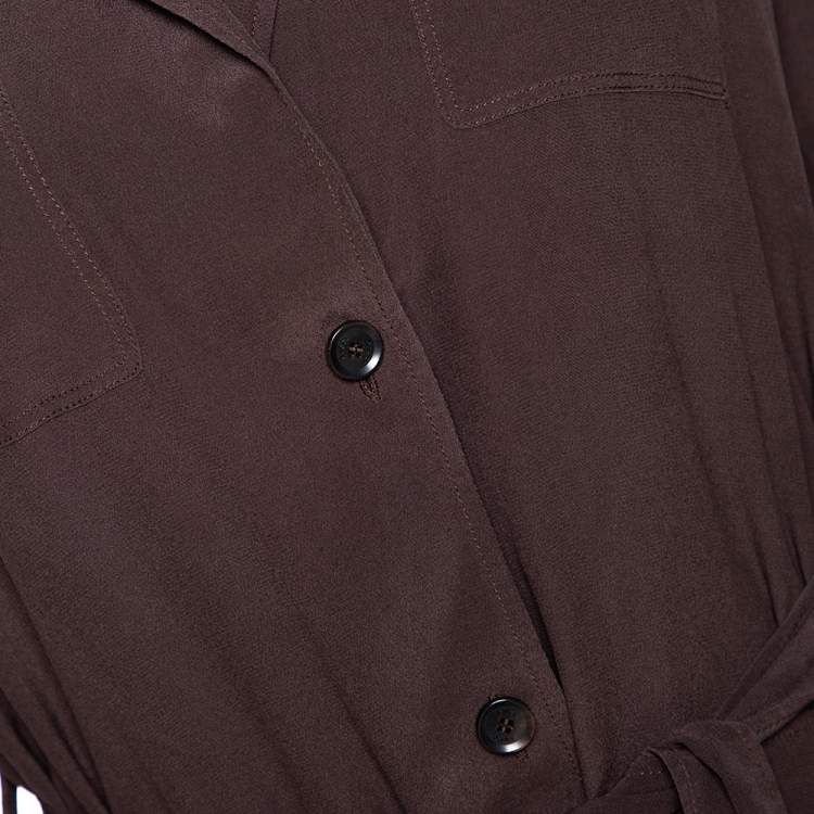 Pre Owned Gucci Brown Silk Crepe Button Down Belted Dress S