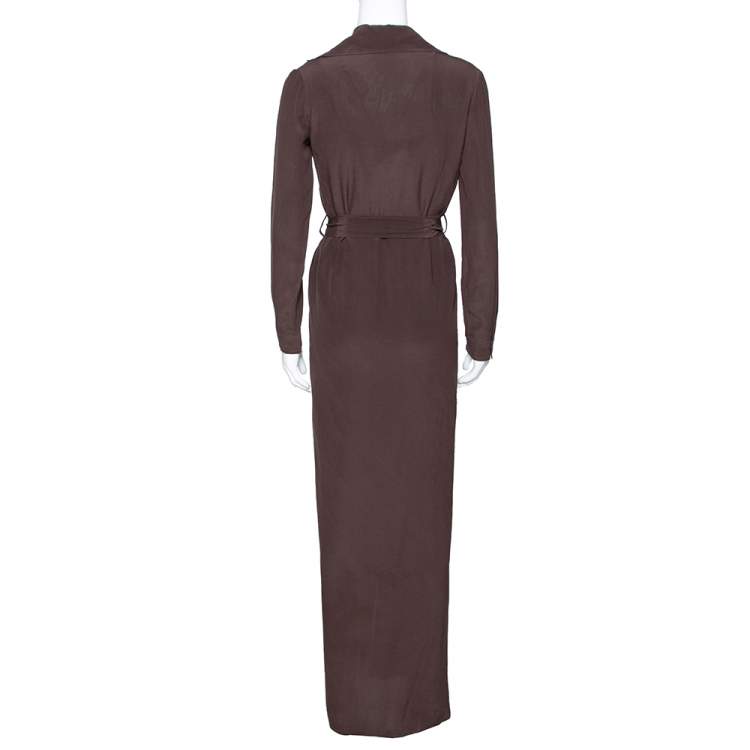 Pre Owned Gucci Brown Silk Crepe Button Down Belted Dress S