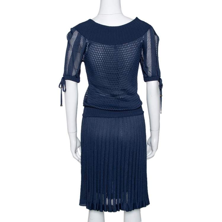 Pre Owned Gucci Navy Blue Perforated Knit Pleated Midi Dress XS