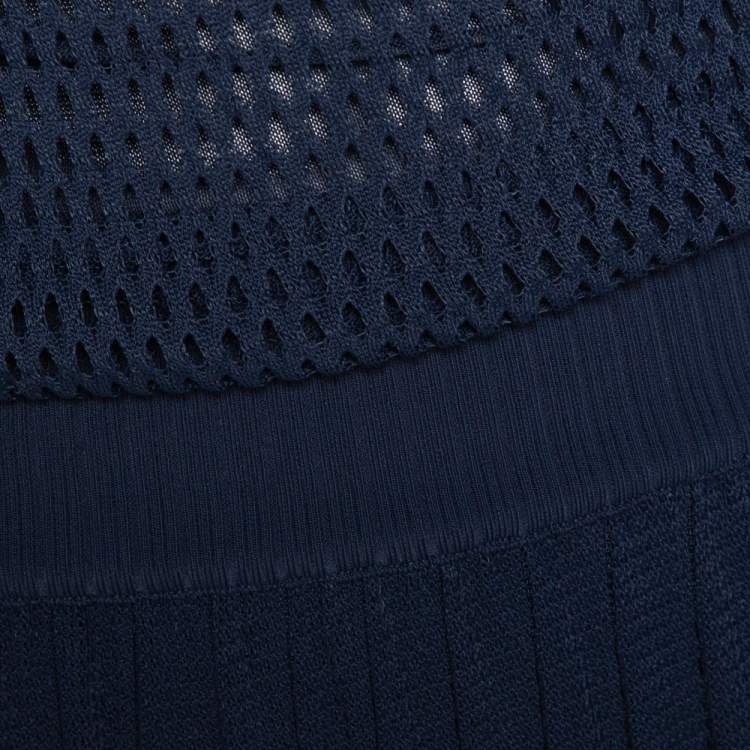 Pre Owned Gucci Navy Blue Perforated Knit Pleated Midi Dress XS