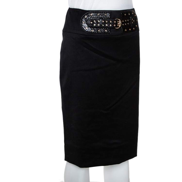 Pre Owned Gucci Black Stretch Wool Studded Belt Detail Fitted Skirt S