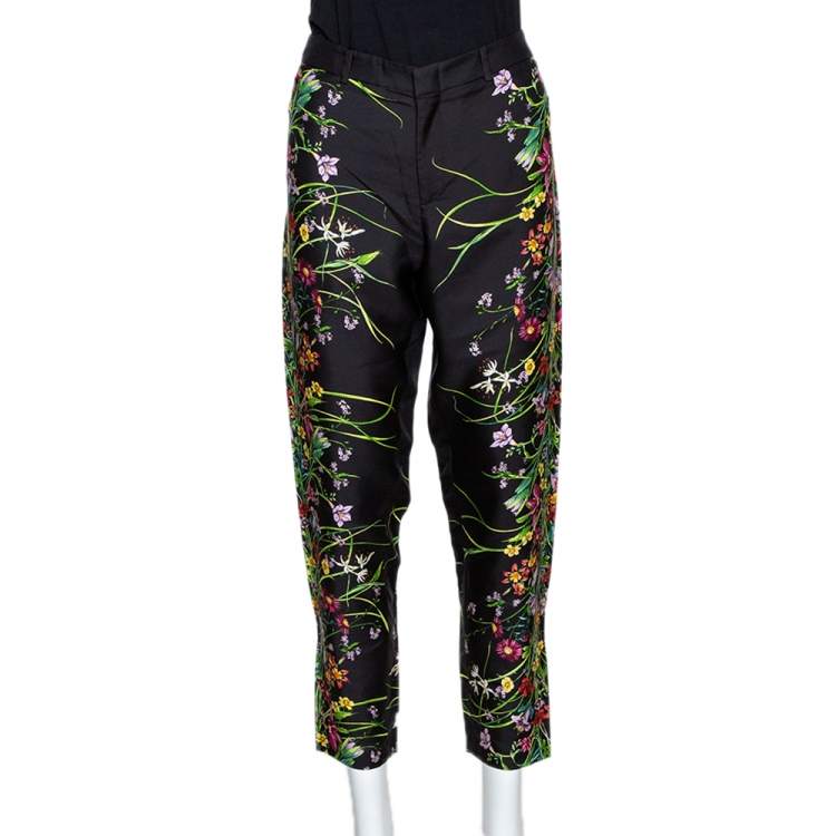 Pre Owned Gucci Black Floral Print Silk Tapered Pants S