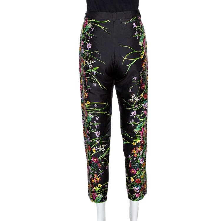 Pre Owned Gucci Black Floral Print Silk Tapered Pants S