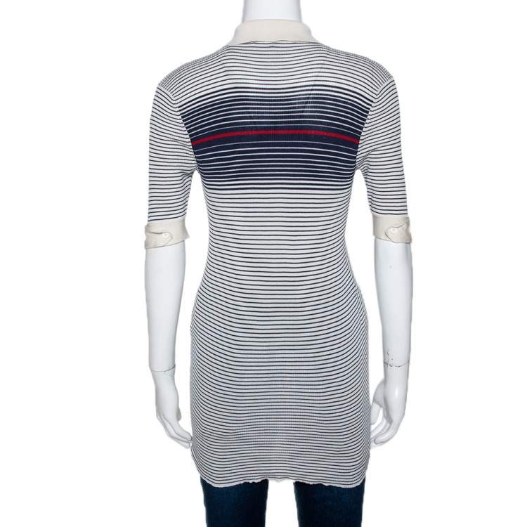 Pre Owned Gucci Cream & Navy Striped Silk Knit Polo Top M 