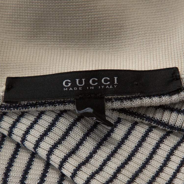 Pre Owned Gucci Cream & Navy Striped Silk Knit Polo Top M 