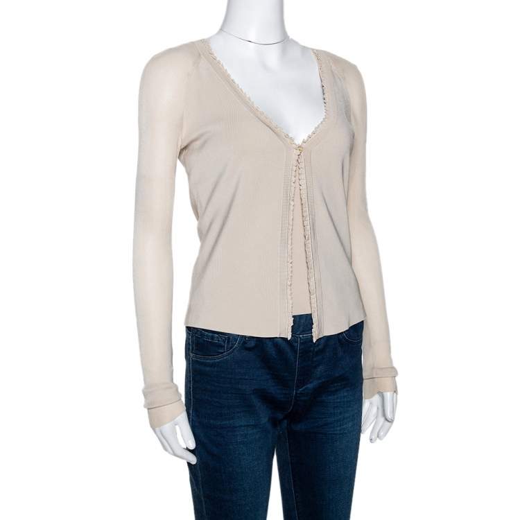 Pre Owned Gucci Ecru Knit Ruffle Trim Sleeveless Top & Cardigan Set S