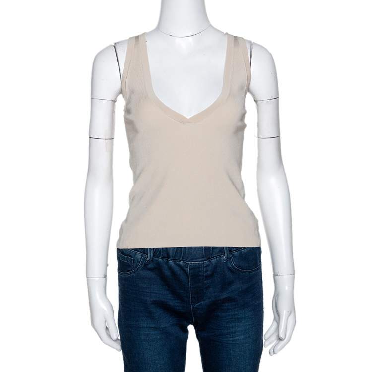 Pre Owned Gucci Ecru Knit Ruffle Trim Sleeveless Top & Cardigan Set S