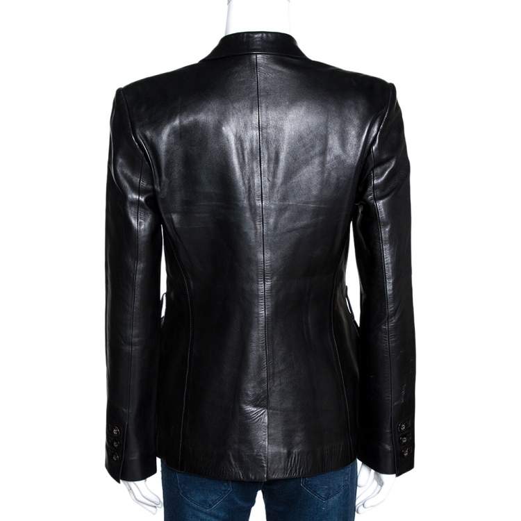 Pre Owned Gucci Black Leather One Buttoned Blazer S