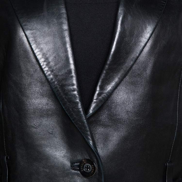 Pre Owned Gucci Black Leather One Buttoned Blazer S