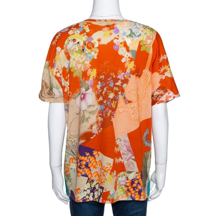 Pre Owned Gucci Orange & Teal Floral Bird Print T Shirt XL