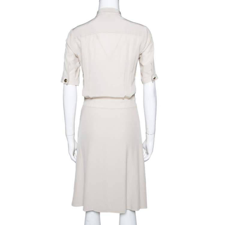 Pre Owned Gucci Light Beige Silk Ruffled Tie Neck Dress S