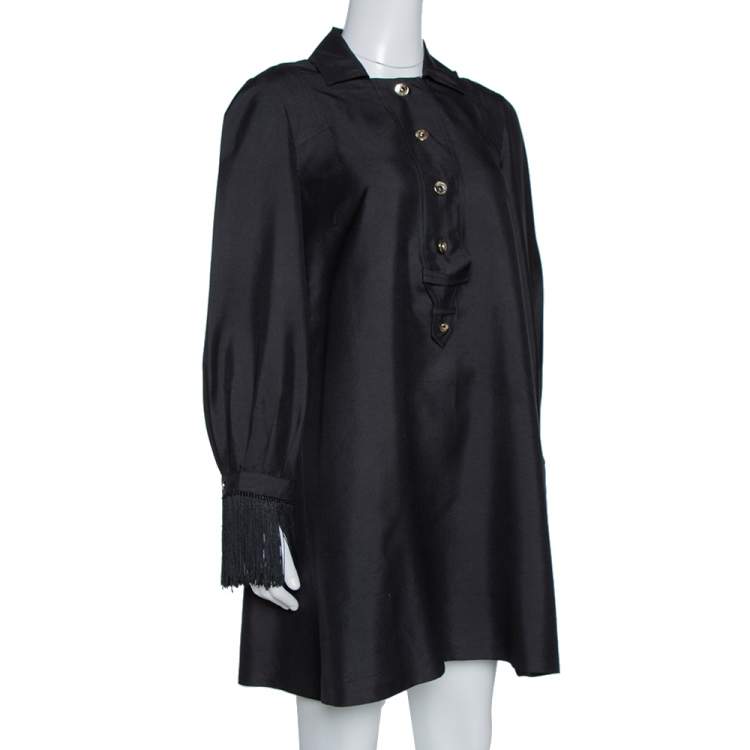Pre Owned Gucci Black Raw Silk Fringe Detail Long Sleeve Tunic Dress M