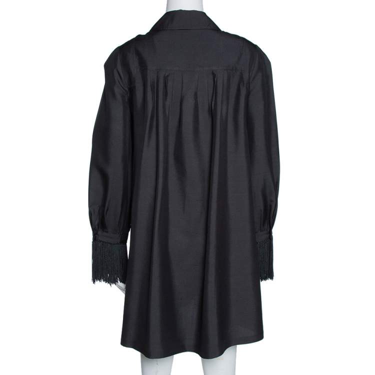Pre Owned Gucci Black Raw Silk Fringe Detail Long Sleeve Tunic Dress M