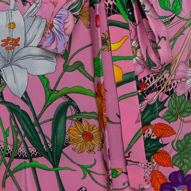 Pre Owned Gucci Pink Snake Flora Print Silk Straight Leg Trousers L