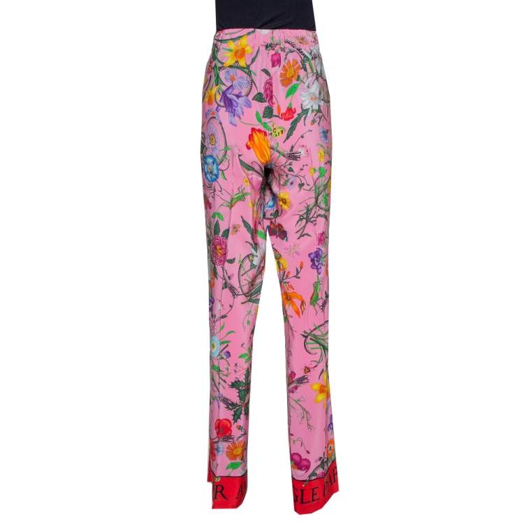 Pre Owned Gucci Pink Snake Flora Print Silk Straight Leg Trousers L