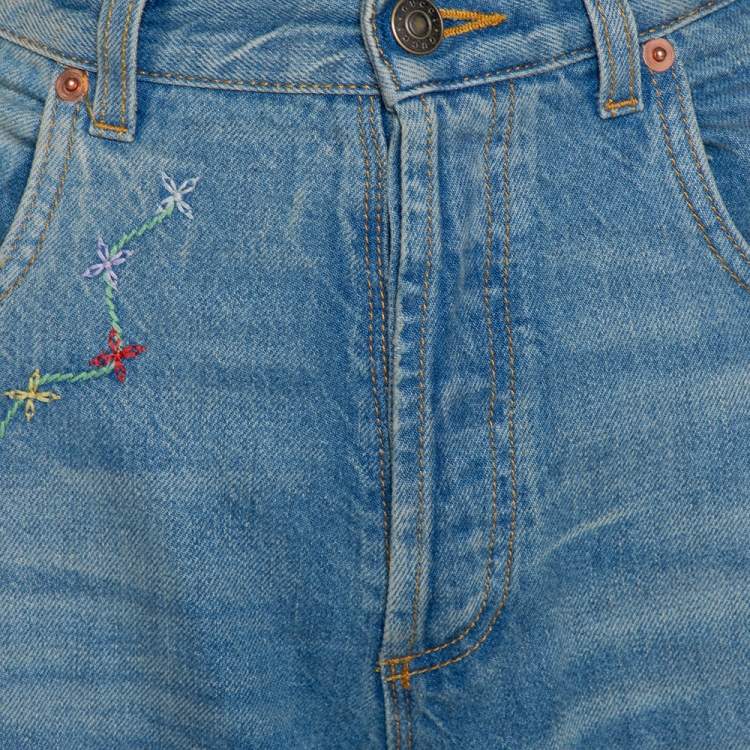 Pre Owned Gucci Blue Heavy Washed Denim Embroidered Tapered Jeans L