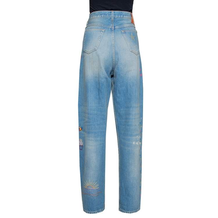 Pre Owned Gucci Blue Heavy Washed Denim Embroidered Tapered Jeans L