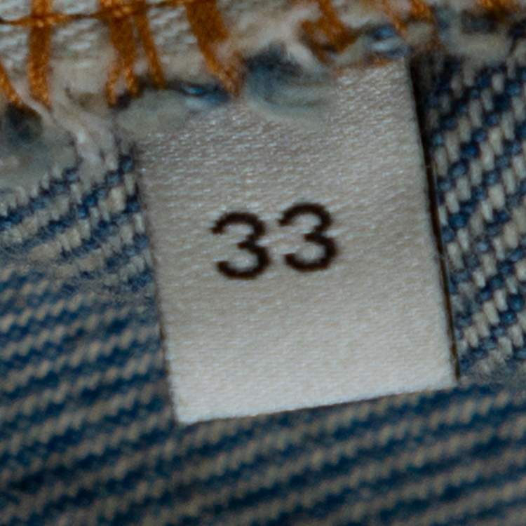 Pre Owned Gucci Blue Heavy Washed Denim Embroidered Tapered Jeans L