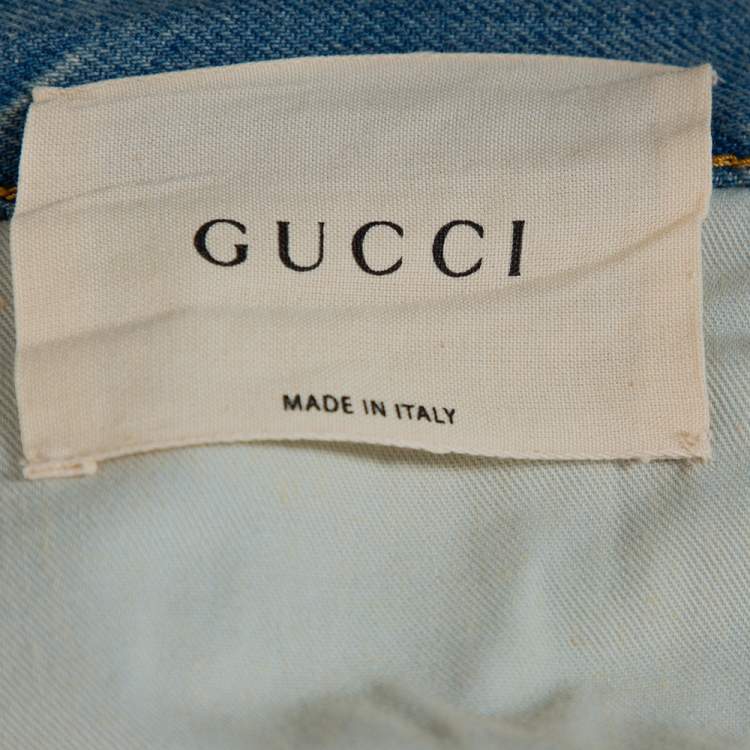 Pre Owned Gucci Blue Heavy Washed Denim Embroidered Tapered Jeans L