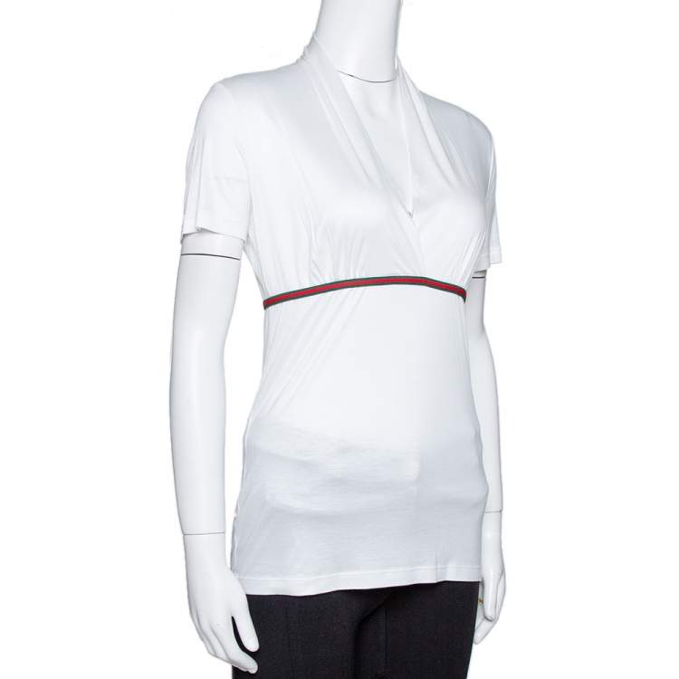 Pre Owned Gucci White Modal Web Trim Gathered Top M