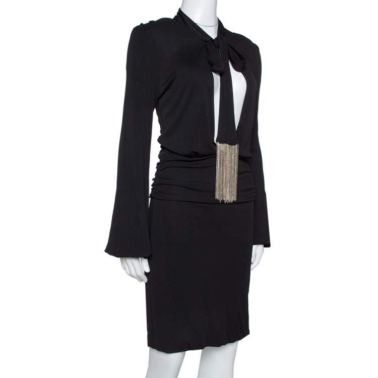 Pre Owned Gucci Black Jersey Chain Tie Detail Knee Length Dress L