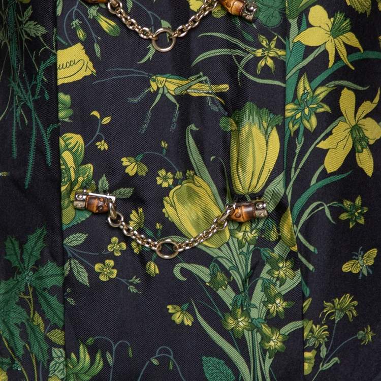 Pre Owned Gucci Black Floral Print Silk Bamboo Chain Detail Mini Dress M