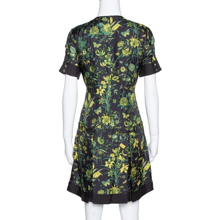 Pre Owned Gucci Black Floral Print Silk Bamboo Chain Detail Mini Dress M