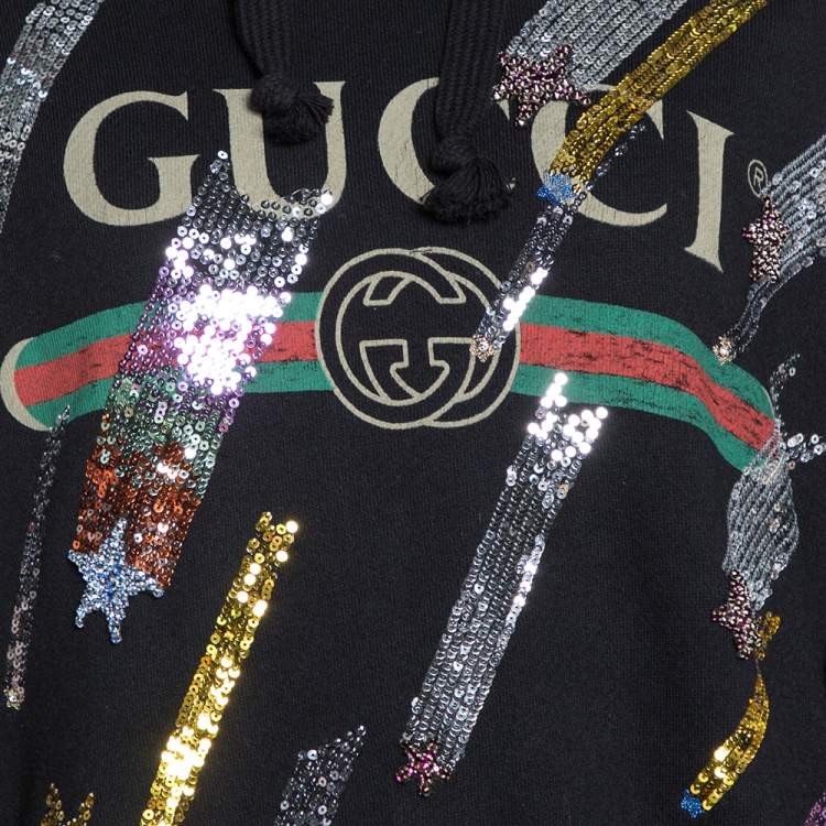 Pre Owned Gucci Black Logo Print Cotton Star Sequin Embellished Sweatshirt M