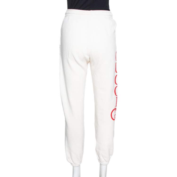 Pre Owned Gucci Ecru Cotton Jersey Logo Print Joggers XS