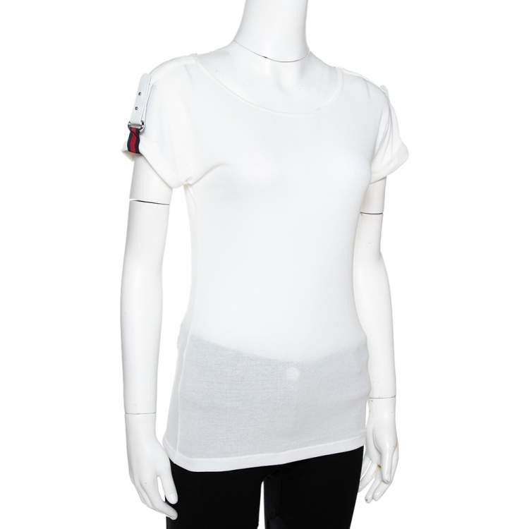 Pre Owned Gucci Off White Knit Webstripe Shoulder Buckle Detail Top S 