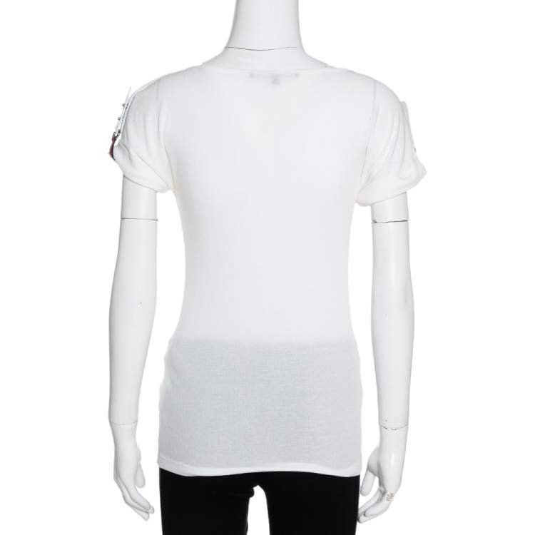 Pre Owned Gucci Off White Knit Webstripe Shoulder Buckle Detail Top S 