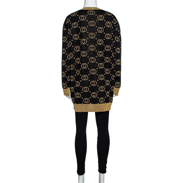 Pre Owned Gucci Black & Gold Lamé GG Supreme Cardigan M