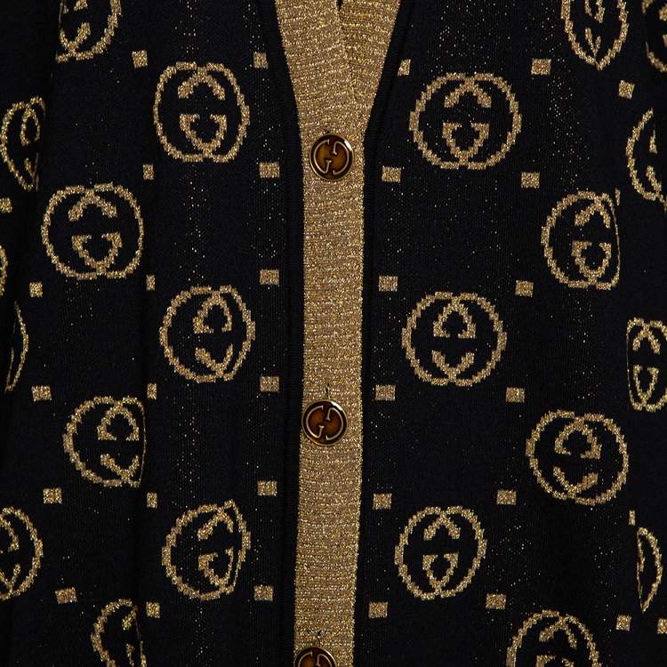 Pre Owned Gucci Black & Gold Lamé GG Supreme Cardigan M