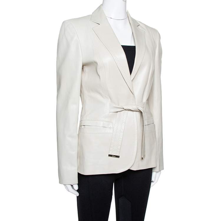 Pre Owned Gucci Pale Beige Leather Tie Front Blazer M