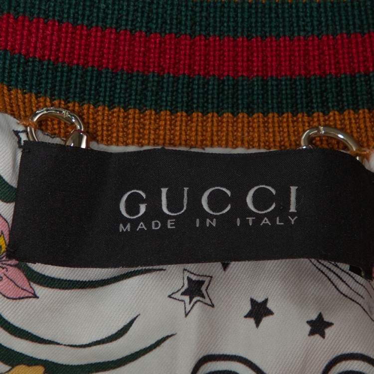 Pre Owned Gucci Tan Leather Floral Printed Cropped Bomber Jacket M