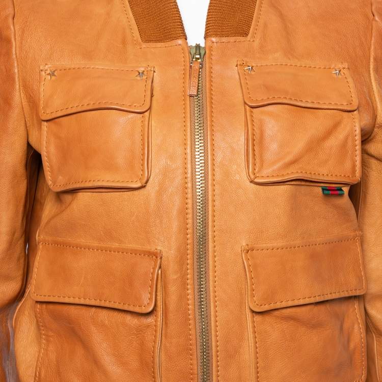 Pre Owned Gucci Tan Leather Floral Printed Cropped Bomber Jacket M