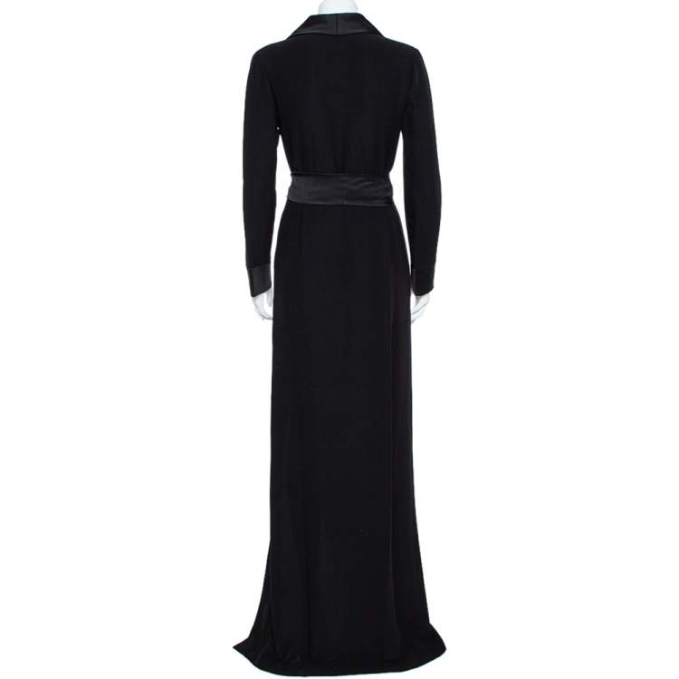 Pre Owned Gucci Black Silk Shawl Lapel Belted Maxi Dress M