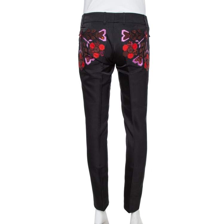 مملوكة مسبقًا Gucci Black Cotton & Silk Floral Appliqued Pants S