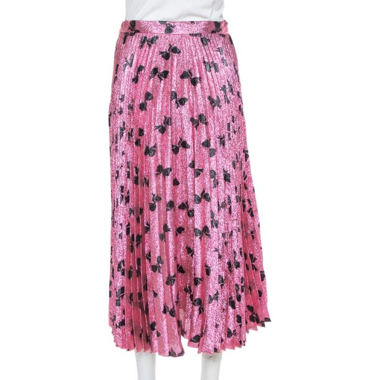 Pre Owned Gucci Pink Lurex Silk Bow Intarsia Pleated Midi Skirt L