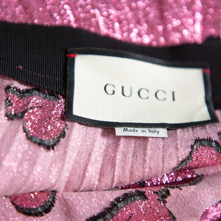 Pre Owned Gucci Pink Lurex Silk Bow Intarsia Pleated Midi Skirt L